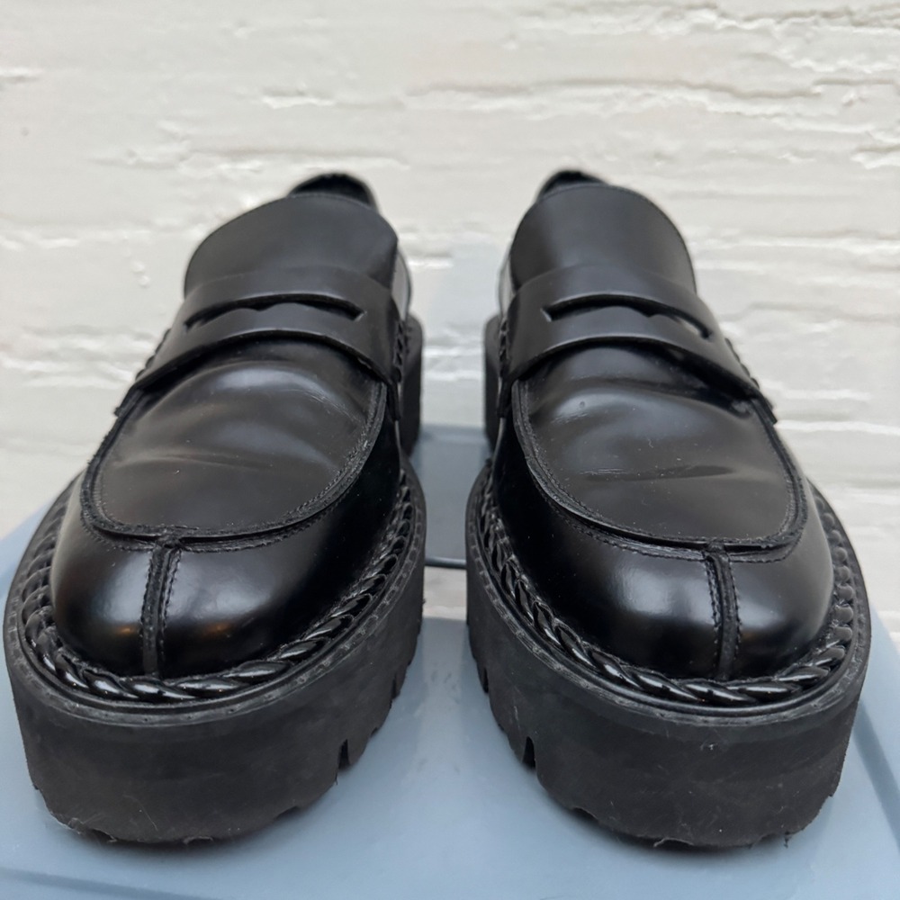 Aquatalia Platform Penny Loafers 10 Black Leather Chunky Lug Sole Waterproof y2k - Picture 7 of 11